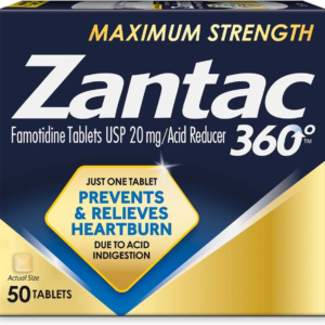 Zantac 360 Maximum Strength Heartburn Prevention Tablets – 20 Mg, 50 Count for All-Day Comfort