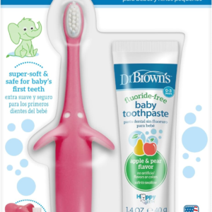 Infant-to-Toddler Training Toothbrush Set – Pink Elephant Design with Fluoride-Free Apple Pear Baby Toothpaste, for Ages 0-3 (Colors May Vary)